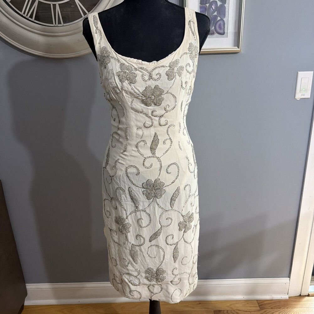 Vintage 1950s Ivory Beaded Sleeveless 1960’s Formal Party Dress Small